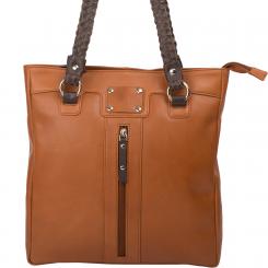 Hochformat Rind Nappaledertasche mit geflochtenen Henkel - cognac 