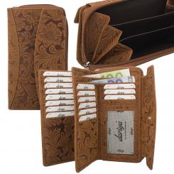 RFID Protection - Große Hunterleder Damenbörse mit Prägemotiv, 18 Kartenfächer 