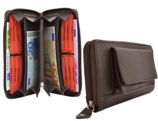 Große Damenbörse - 1 Reißverschluss rundum mit Außentasche - Vollrind Leder dunkelbraun 