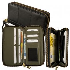 Große Damenbörse - 2 Reißverschlüsse rundum - Lamm Nappa Leder schwarz/blau 