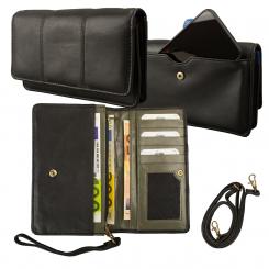 Große Damenbörse/Umhängetasche - Smartphonefach außen - Lamm Nappa Leder schwarz/blau 