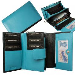 RFID Protection - Große Damenbörse mit 12 Kartenfächern - Rind Nappa Leder schwarz/türkis 