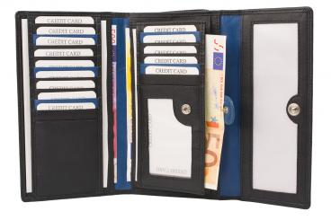 Große Damenbörse 16 Kartenfächer - Nappa Leder - schwarz/blau 