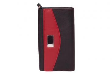 Große Damenbörse mit Metallplättchen für Gravuren-  mit Reißverschluss - Rind Leder schwarz/rot 